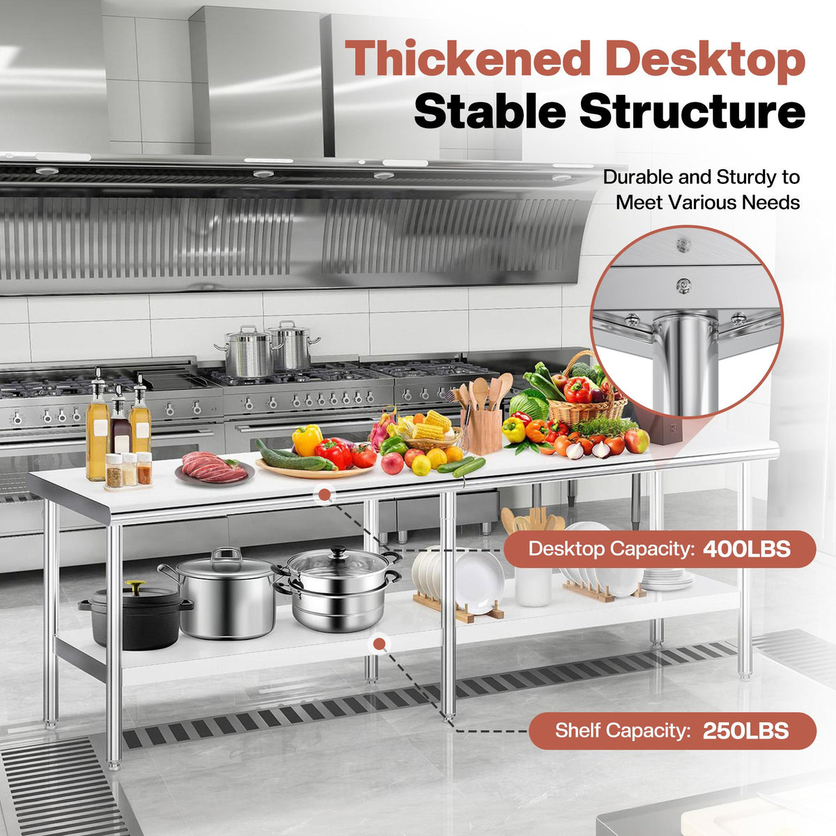 30×48–30×108 Inch Stainless Steel Commercial Work Table with Rounded Corners Adjustable Shelf And Feet for Kitchen Garage Gardening