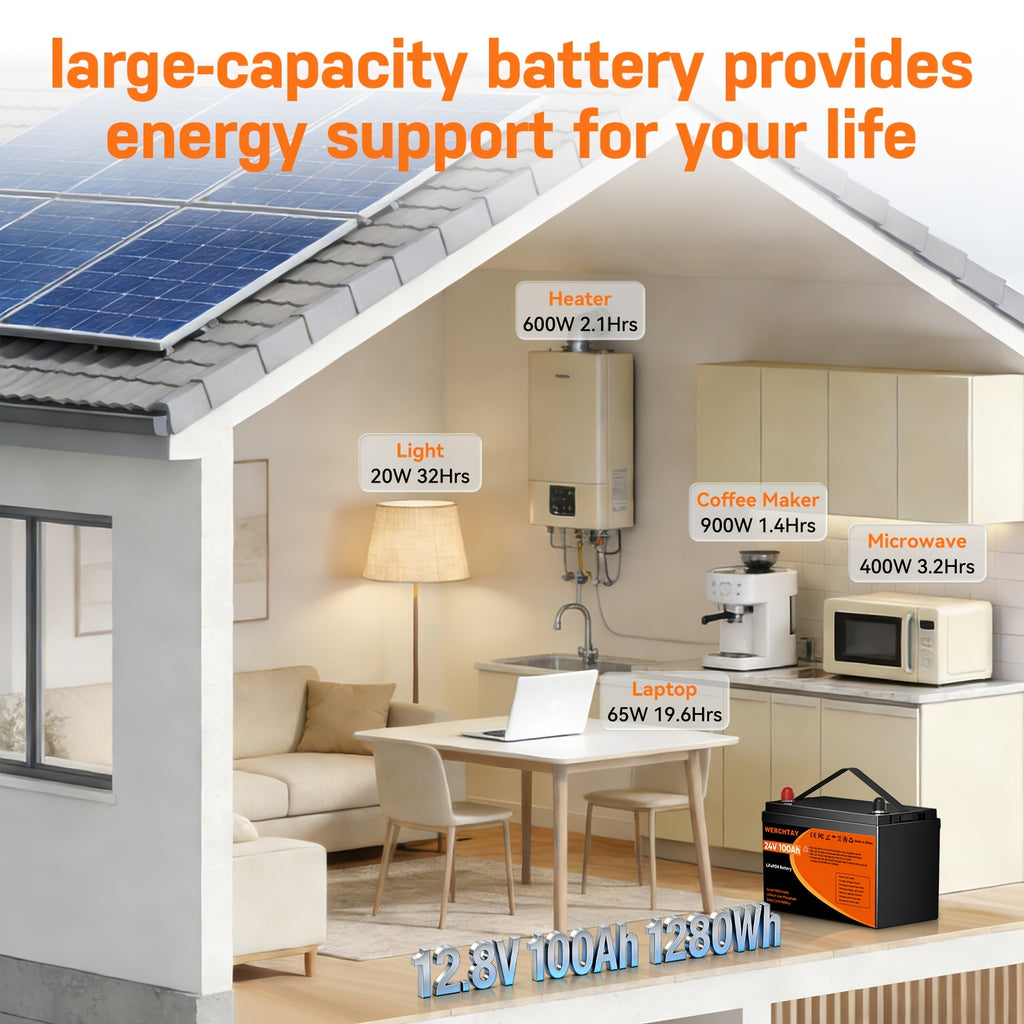 [Intelligent BMS Protection] WERCHTAY 12.8V LiFePO4 Battery 300/200/100Ah, Equipped with A+ Grade Battery Chips, 25000+ Deep Cycle Cycles, Intelligent BMS with Overcharge and Over-Discharge Protection, Suitable for Home Energy Storage, Outdoor RVs, and Of