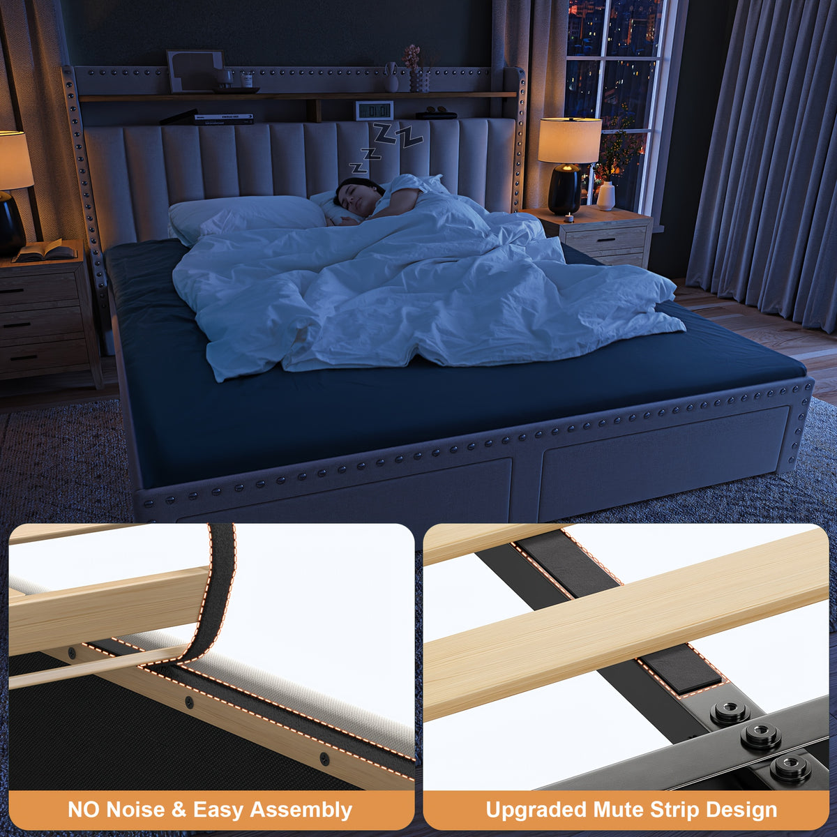 Soft Upholstered Bed Frame with 2 Storage Drawers & Naked Mattress Foundation | Full/Queen/King Size Low Profile Platform Bed Base, Heavy Duty 1000lbs Steel Frame, No Box Spring Needed for Apartments/Dorms | Easy Assembly (Gray/Beige)