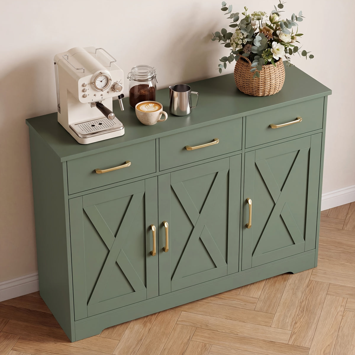 FULTRU Modern Farmhouse Cabinet with Barn Door & Sliding Panel Doors Suitable for Kitchen, Dining Room Storage, Freestanding Buffet Furniture with Drawers and Open Shelves, Assembly Required, Multifunctional Sideboard