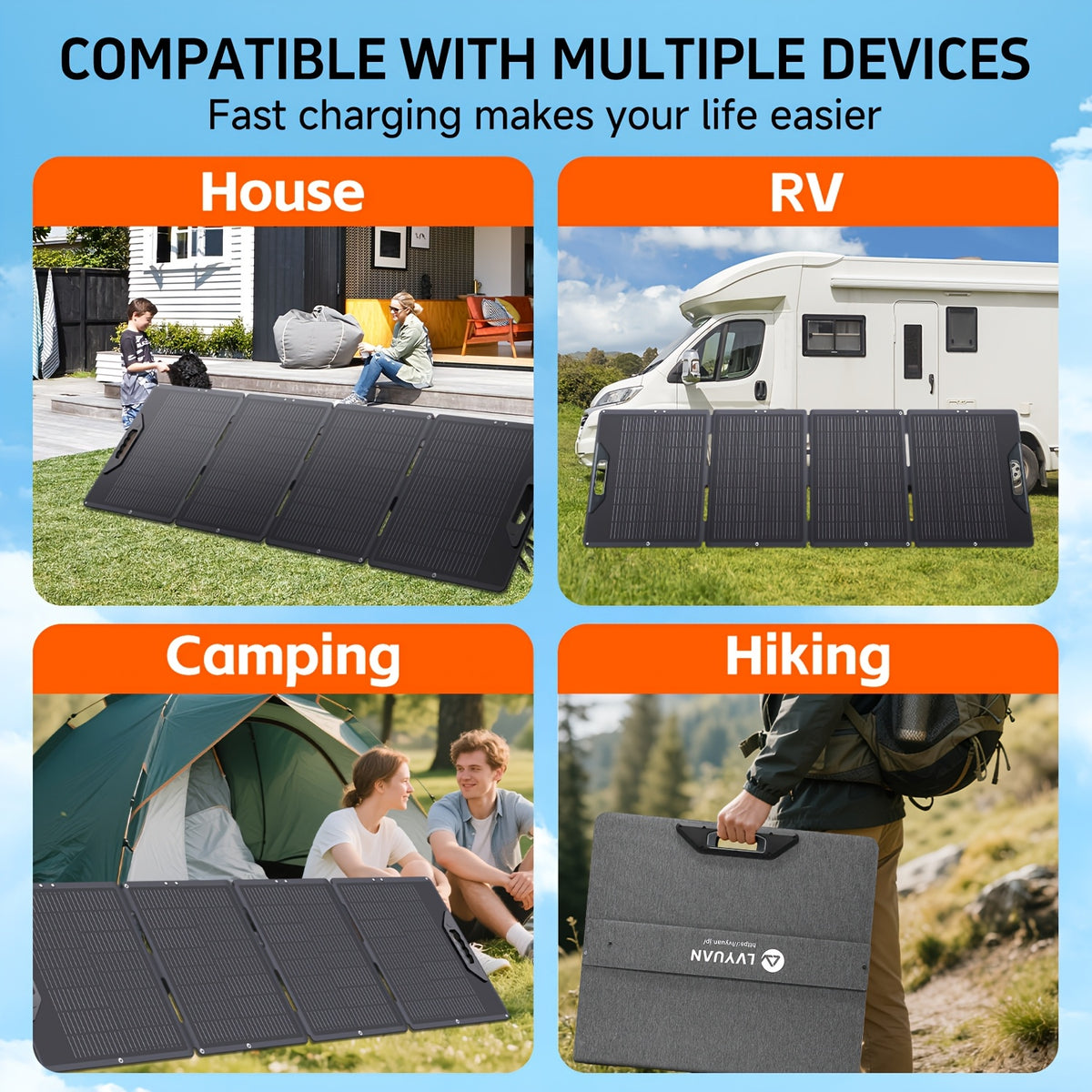 LVYUAN New Portable Solar Panel 200W/400W for Power Station, 23% Efficiency Mono Foldable Solar Charger with 4 Kickstands And 3M Cable (MC4 to DC5521/DC5525/DC7909/XT60 Connectors) for Camping RV Home Backup, Without Battery