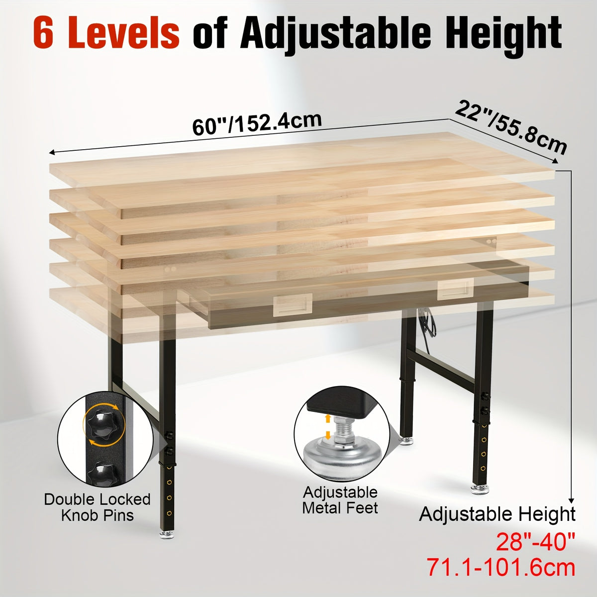 96"84"72"60"48"Adjustable Height Workbench with Power Outlet & Pegboard, 28"-40"Height Heavy Duty Solid Wood Work Table with 2000 to 5000 LBS Load Capacity for Garage, Shop, Office, Home