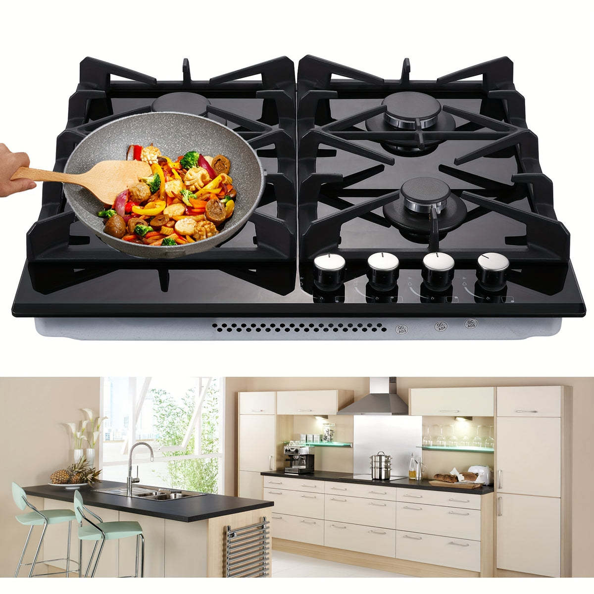 Gas Stove Top 24in 4 Burner Gas Stove Top NG/LPG Convertible Bulit-in Gas Hob, Black Tempered Glass Dual Burners Propane Cooktop with Thermocouple Protection