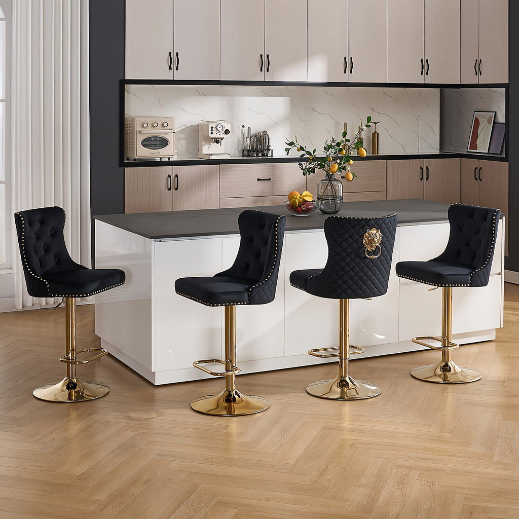 DMKAI Golden Lion Head Velvet Bar Stools Set Of 2, Luxury Diamond Tufted High Back, Adjustable Height 360° Swivel with Golden Base for Kitchen Island Home Bar
