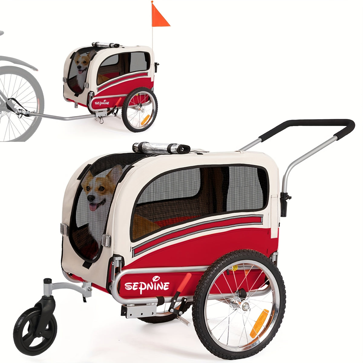 Pet Bicycle Trailer for Small and Medium Dogs, 2-in-1 Folding Carrier Cart with 6-Inch Stroller Wheel