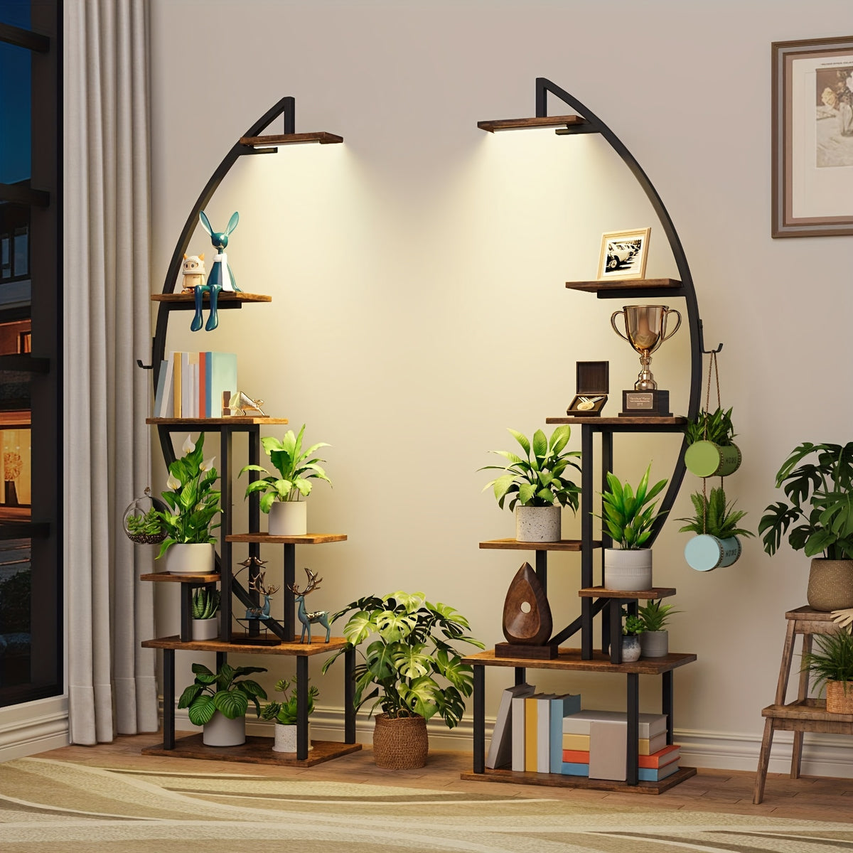 2pcs Bookshelf with Lights, 7 Tiered 65' Multi-Functional Metal Black And Brown Shelving Unit Wooden Bookcase for Books Handicraft Decorations Frames Multiple