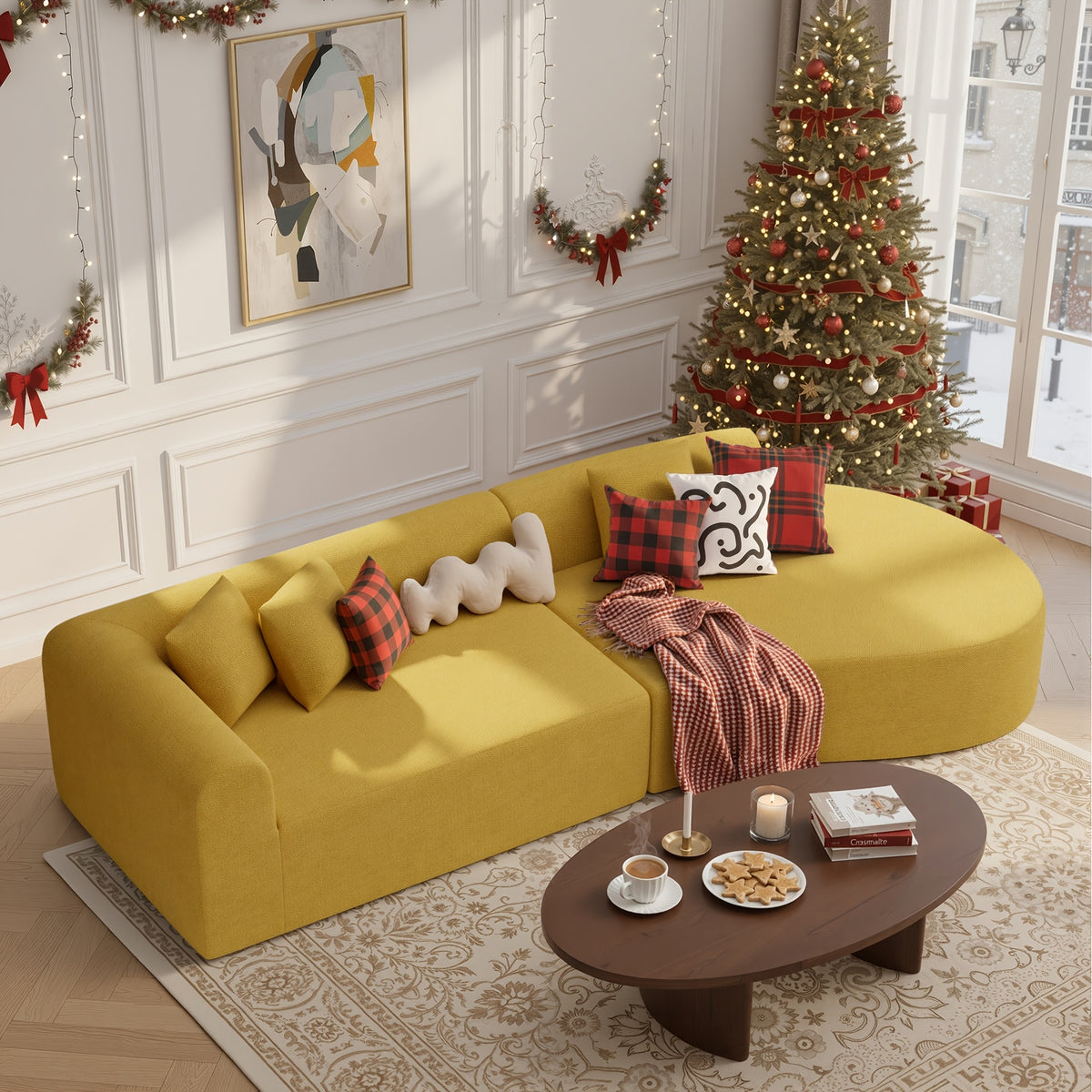 Curved Sofa in Chenille for Relaxing and Hosting in a Living Room Conversation and Lounge Area