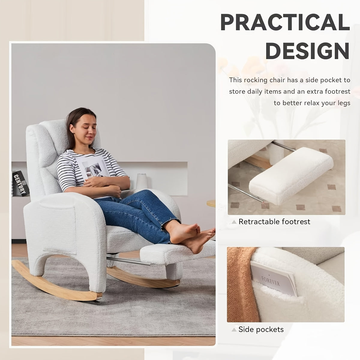 Rocking Chair Nursery, Modern Glider Chair with Adjustable Footrest And Solid Wood Legs, High Backrest Nursery Chair with Side Pocket, Rocker Armchair for Living Room Bedroom