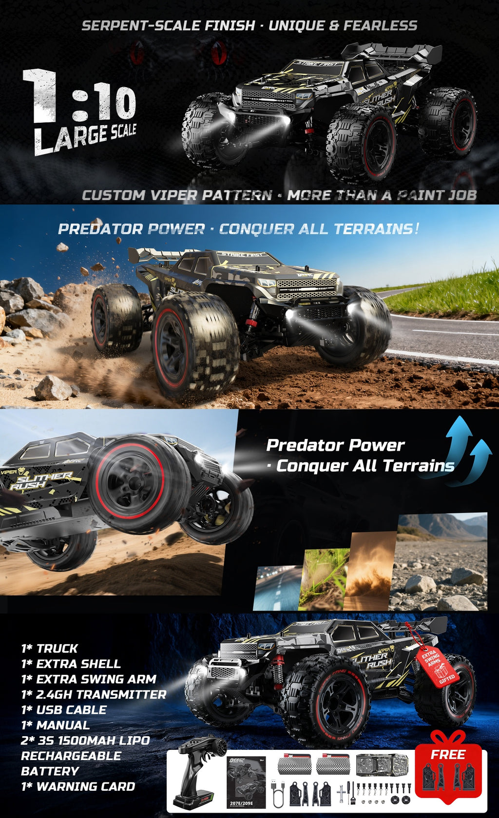 DEERC 1:10 Fast Brushless RC Car for Adults, Max 65KM/H, High-Speed 4WD Off-Road Remote Control Truck with 2 X 3S Batteries And Extra Swing Arms. Non-Toy Product, Intended for Professional Users, Collectors