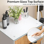 Salon Station, Barber Station for Hair Stylist, Storage Cabinet with Glass Top & Drawers & Heat Resistant Dryer Holders, Modern Retro Style for Beauty Salon, White/ Black