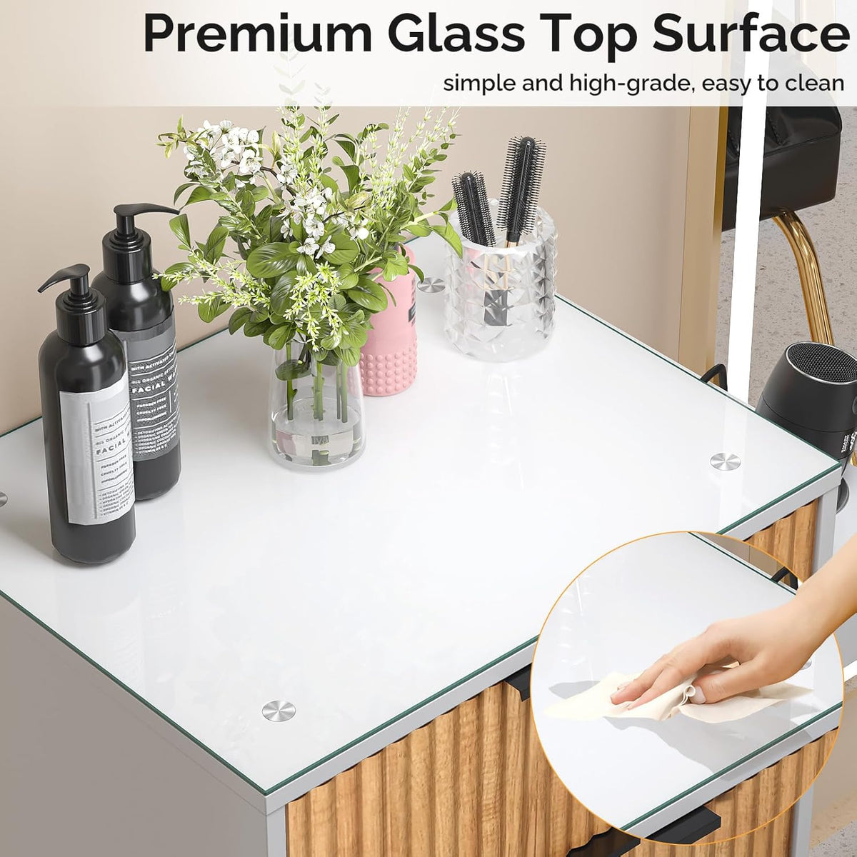 Salon Station, Barber Station for Hair Stylist, Storage Cabinet with Glass Top & Drawers & Heat Resistant Dryer Holders, Modern Retro Style for Beauty Salon, White/ Black