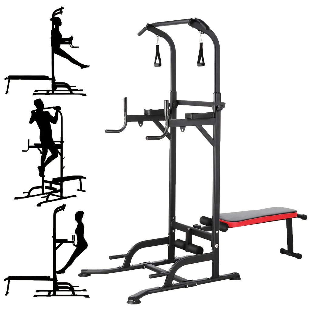 Power Tower With Bench Height Adjustable Pull Up Bar Stand Dip Station With Folding Weight Bench And 4 Ropes, 400lbs, For Home And Gym