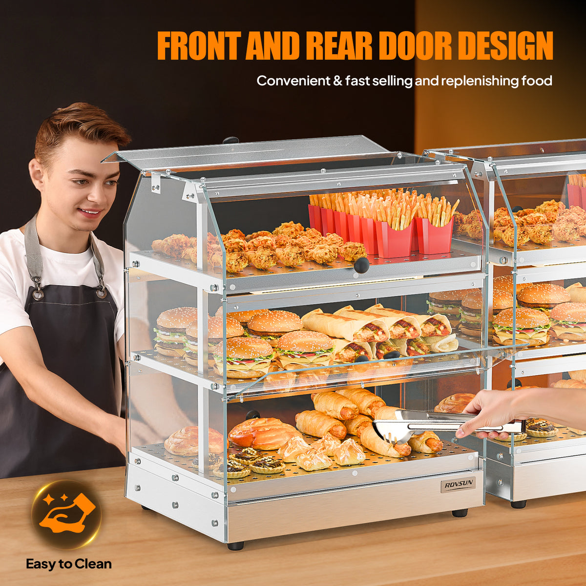 2-Tier Food Warmer Pizza Warmer Countertop, Food Warmer Display Pretzel Warmer with LED Lighting Front and Rear Doors, Electric Catering Hot Box Acrylic for Buffet Restaurant Cafe