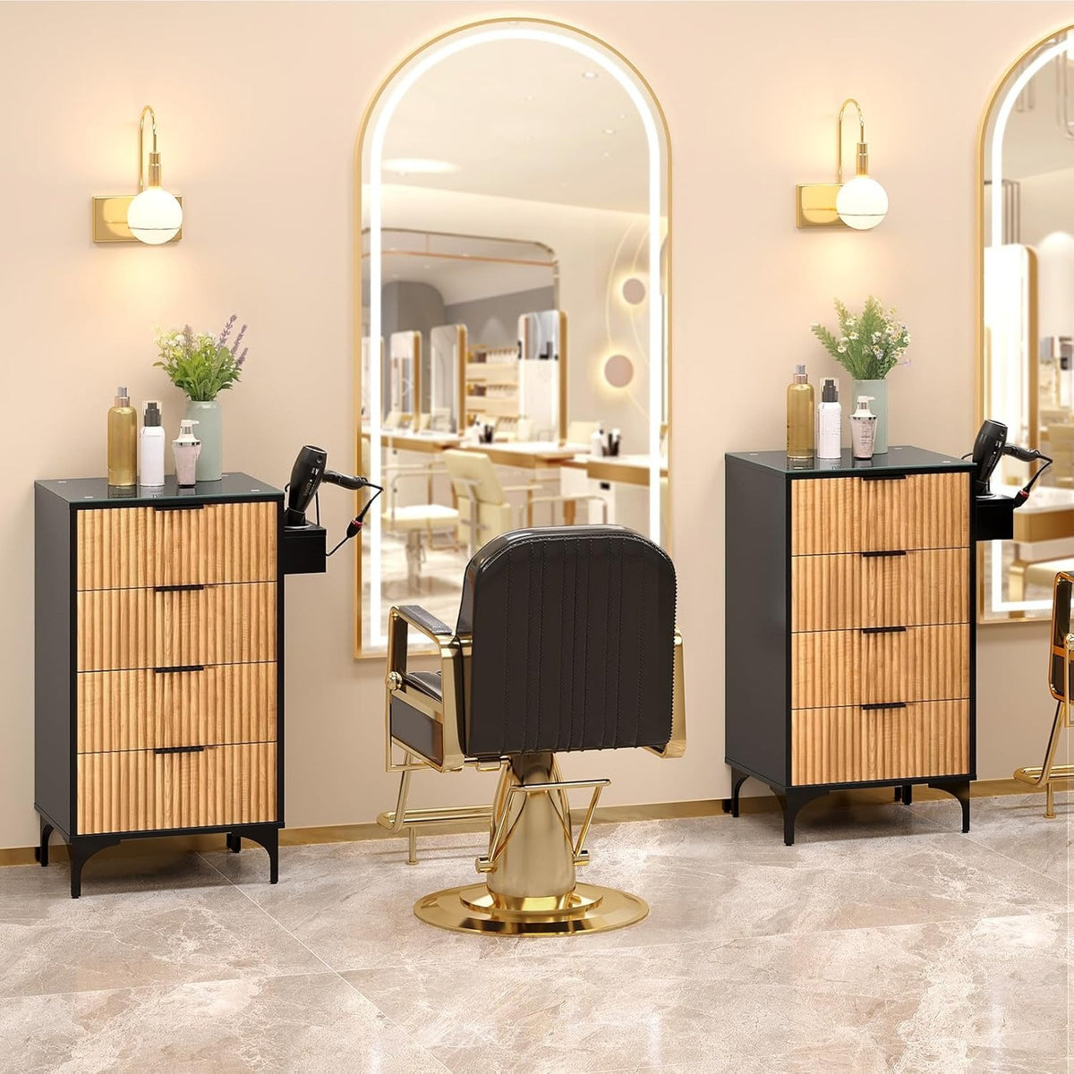 Salon Station, Barber Station for Hair Stylist, Storage Cabinet with Glass Top & Drawers & Heat Resistant Dryer Holders, Modern Retro Style for Beauty Salon, White/ Black