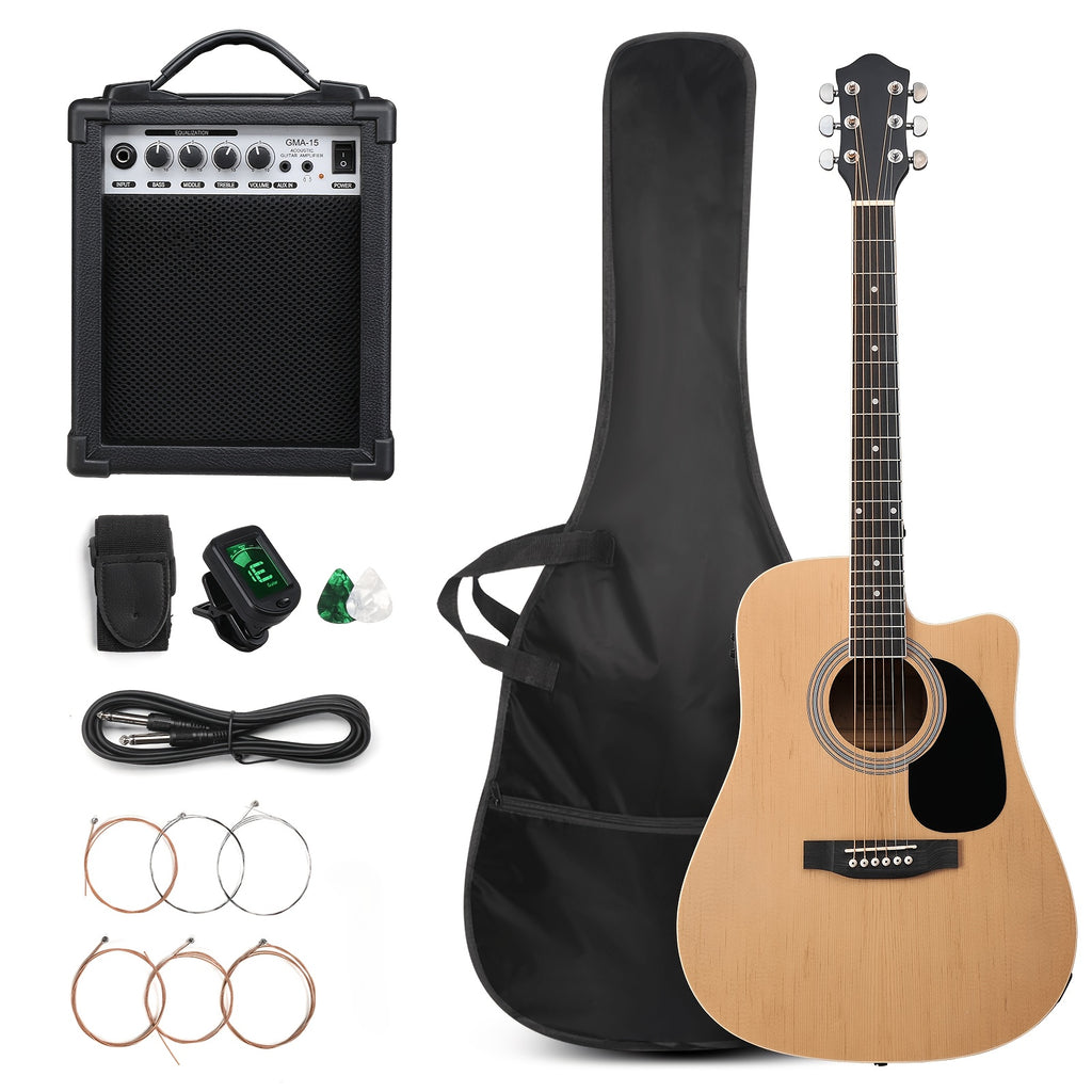 Bonnlo Electric Acoustic Guitar Kit, Full Size Acoustic Folk Guitar, 6-String, Cutaway Design, with AMP, Built-In Tuner, Bag, Strap, Picks, Complete Additions, ALL-IN-ONE Set for Beginner, Birthday/Festival Gift for Music Lovers