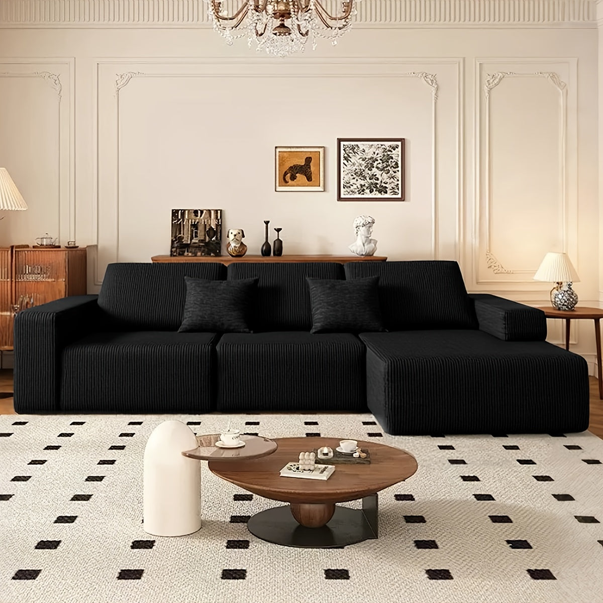 108-inch Modular Sectional Sofa, L-Shaped Cloud Couch with Chaise, Black Plush Fabric, Deep Seat Upholstered Couches for Living Room, Boneless Sofa