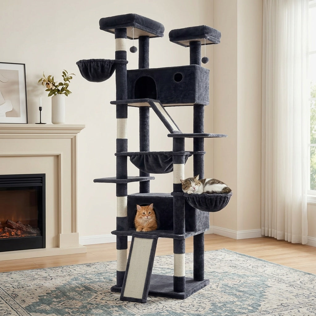 HOOMIC 81-Inch Multi-Level Tall Cat Tree for Indoor Cats/ Large Cat Tower with Plush Condo/ Hanging Hammock & Basket/ Comfortable Cat Perches/ Sisal Scratching Posts/ Sturdy Base/ Spacious Play House/ Pet Furniture/ Free Shipping