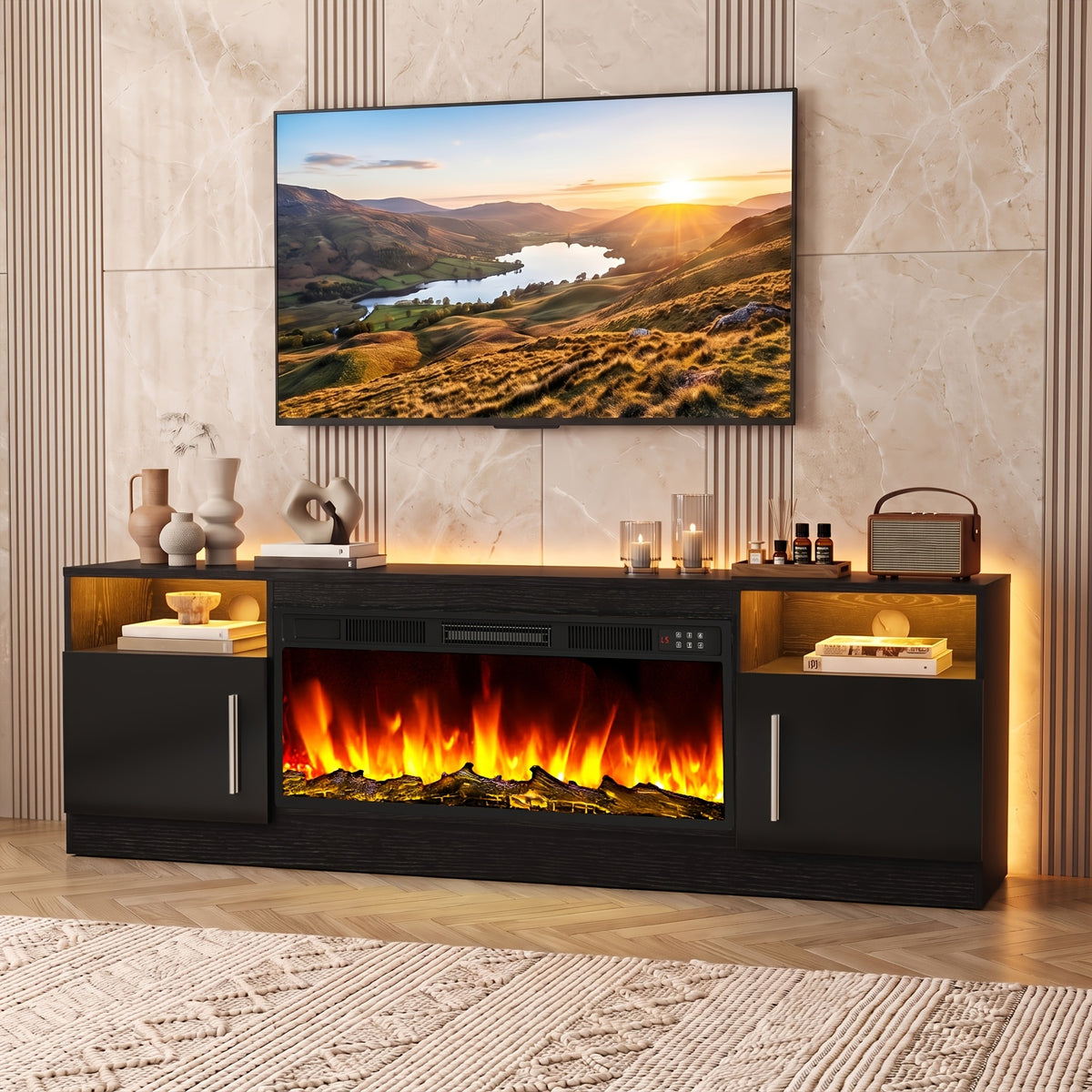 Fireplace TV Stand Entertainment Center with 36" Fireplace, Media TV Console with High Gloss Storage Cabinet And 16 Colors LED Lights, 70" Wooden TV Stand for TVs Up to 80"