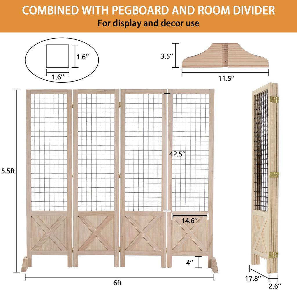 VINGLI Room Divider Freestanding Grid Wall, 4 Panel Folding Display Board Organizer with Base Feet, Decorative Wooden Frame Wire Grid Screens for Craft Shows Events Retail