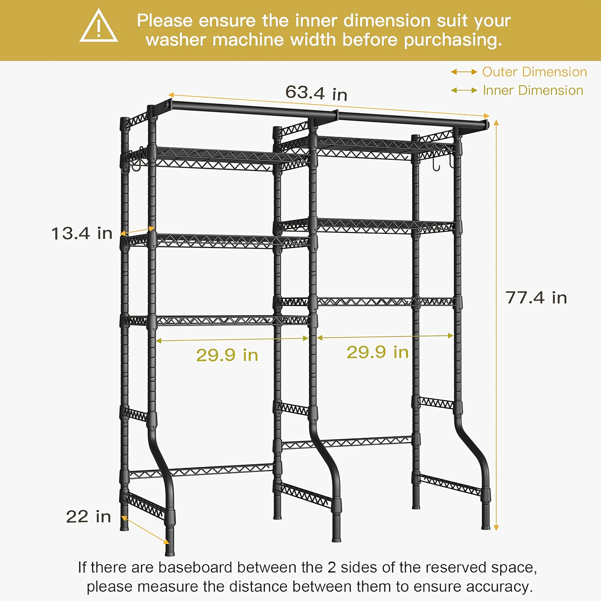 Heavy-Duty 6-Tier Freestanding Laundry Shelf Over Washer Dryer | Extra Wide Storage Organizer | 6 Adjustable Shelves + 2 Hanging Rods | 1200lbs Capacity | 57.8"W X 77.4"H, Black, Standing Shelf
