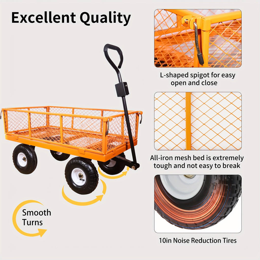 AAIN 1000 Lbs Metal Garden Cart, Heavy Duty Garden Wagon with Removable Steel Mesh Sides, Utility Yard Carts with 180° Rotating Handle with 10 Inch Wheels, 4cu.ft Load Capacity Outdoor Wagons