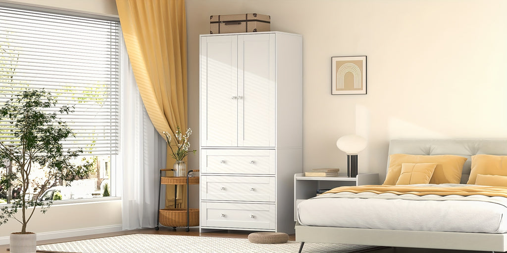 31.5" /47.3"/63" Wardrobe Armoire Closet with Mirror & Hanging Rod, Large Drawers & 2/3/4 Doors
