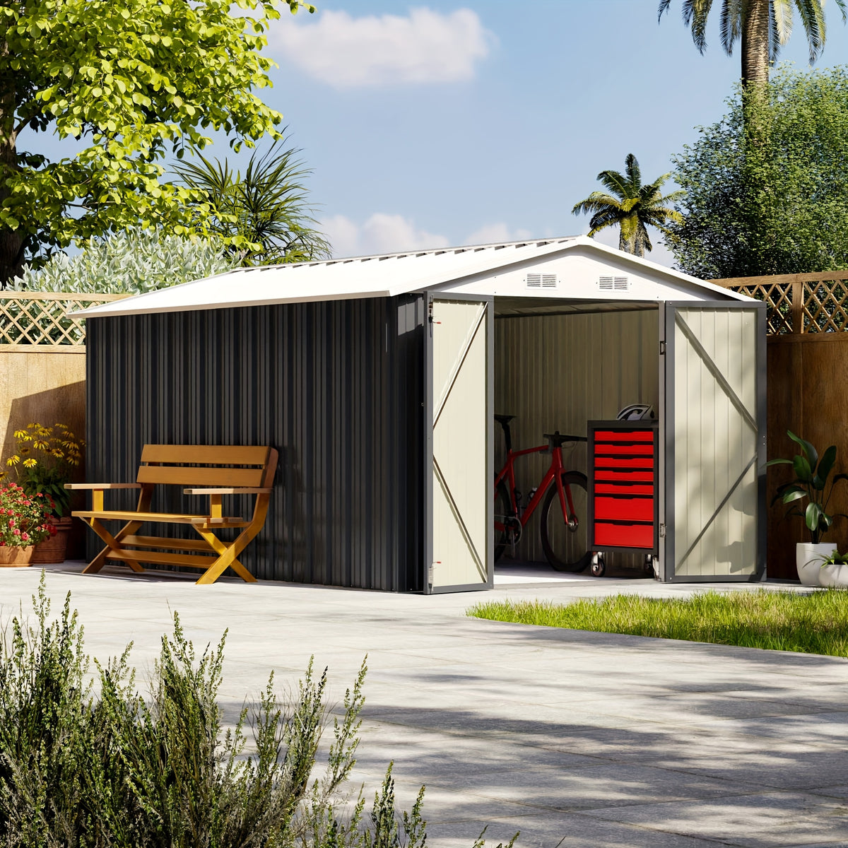 GUNJI 8 X 12ft Outdoor Metal Storage Shed, Garden Shed with 2 Shelves, Tool Sheds for Backyard Garden Patio Lawn