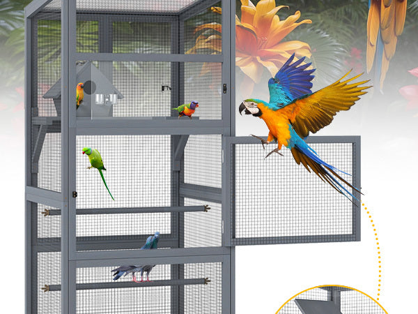 68.3''Enclosure Wood Tilted Flat Top Floor Bird Cage Equipped with Stand and Wheels