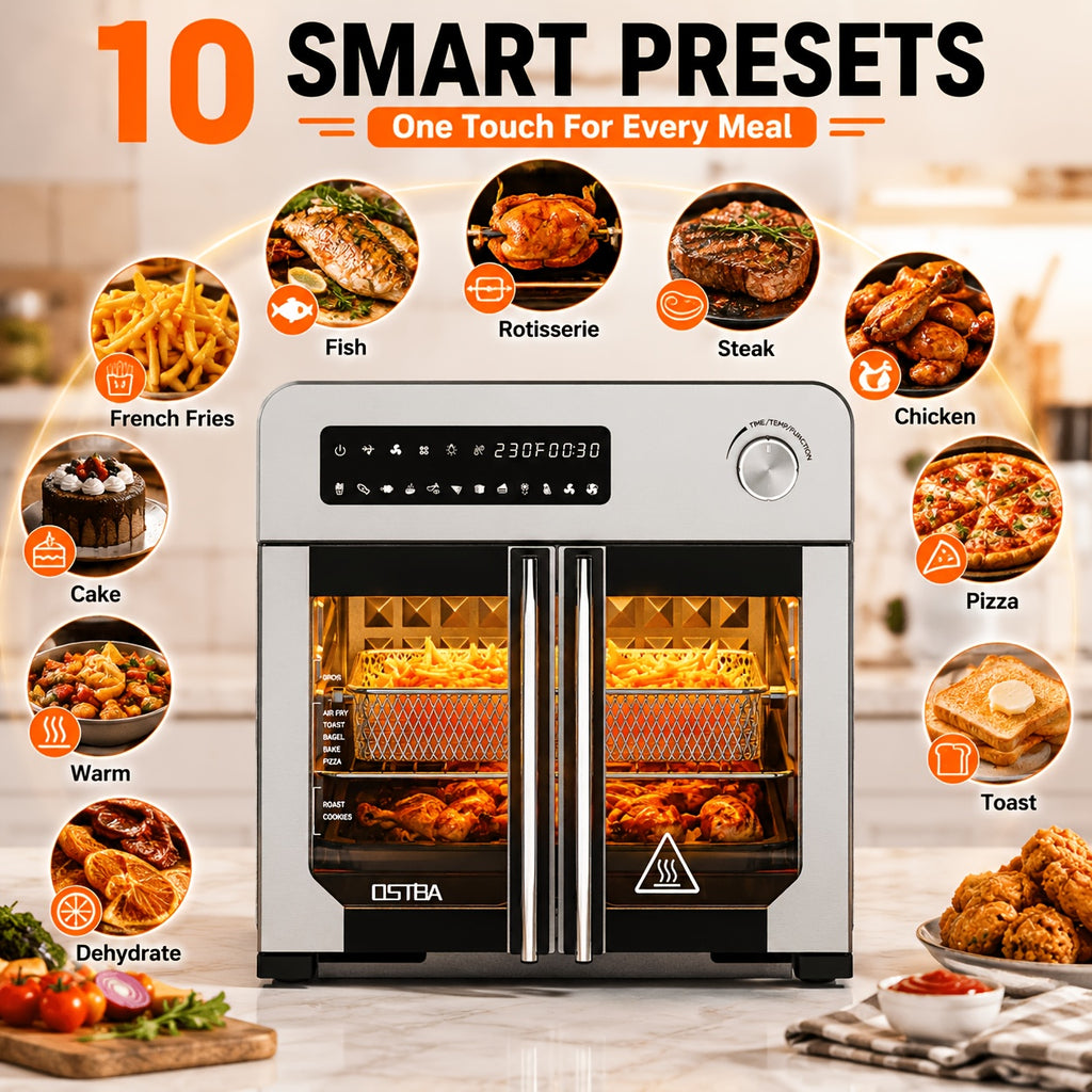 24QT Air Fryer Oven, 1700W French Door Air Fryer with 10 Presets, Dual Fan Air Circulation, 450°F Fast Heating, Rotisserie, Dehydrate, Keep Warm, Large Family Countertop Toaster Oven