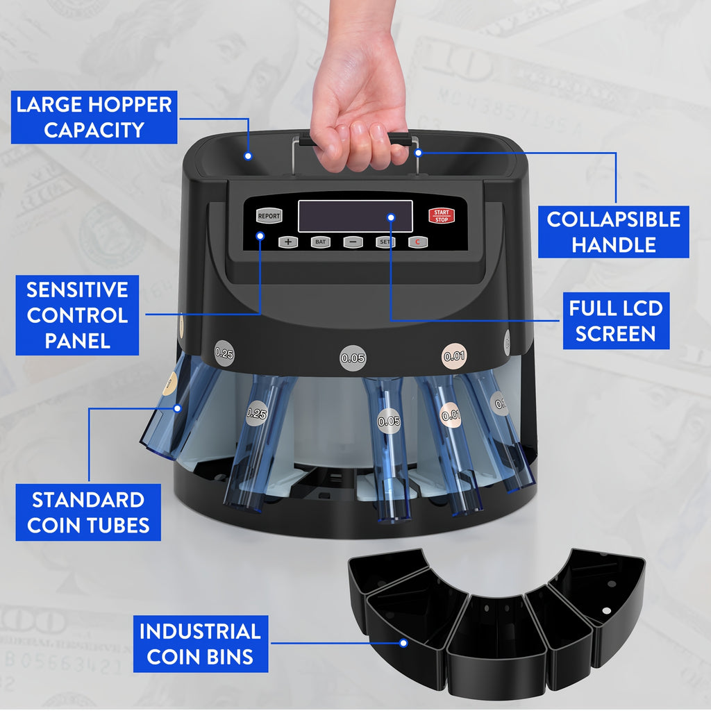 Coin Counter Machine Sorter, Change and Wrapper Roller Counting Organizer, Sorts up to 300 Coins Per Minute, Automatically Sorts and Batches, Office Supplies
