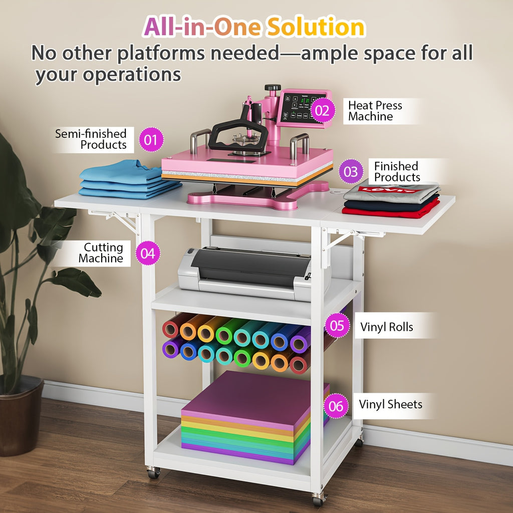 VISOUD 3-Tier Foldable Heat Press Machine Table, Portable Metal Stand with Vinyl Reel Holder, Heavy-Duty for DIY Sublimation Printer, White - Crafts, Crafts & Sewing Supplies, Heat Press Machine Accessories