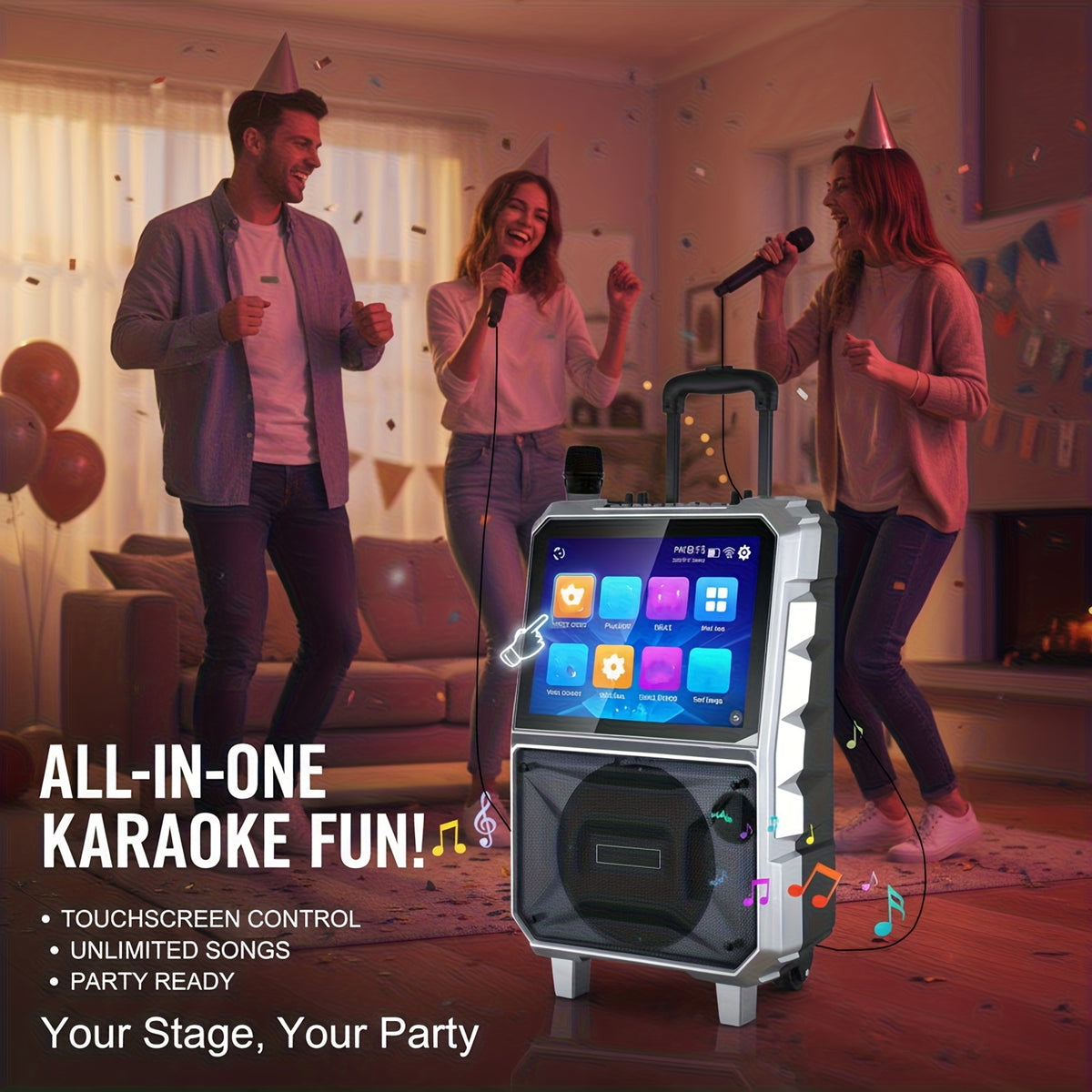 [Portable Party Speaker] Black/Silvery 3000W Karaoke Machine, 8'' Woofer Large Wireless Karaoke Speaker, Portable Party Speaker With Wireless Mics & Bass/Treble/Echo Adjustment, TWS/USB/TF/SD/FM/DJ, 5400Mah Large Capacity Battery