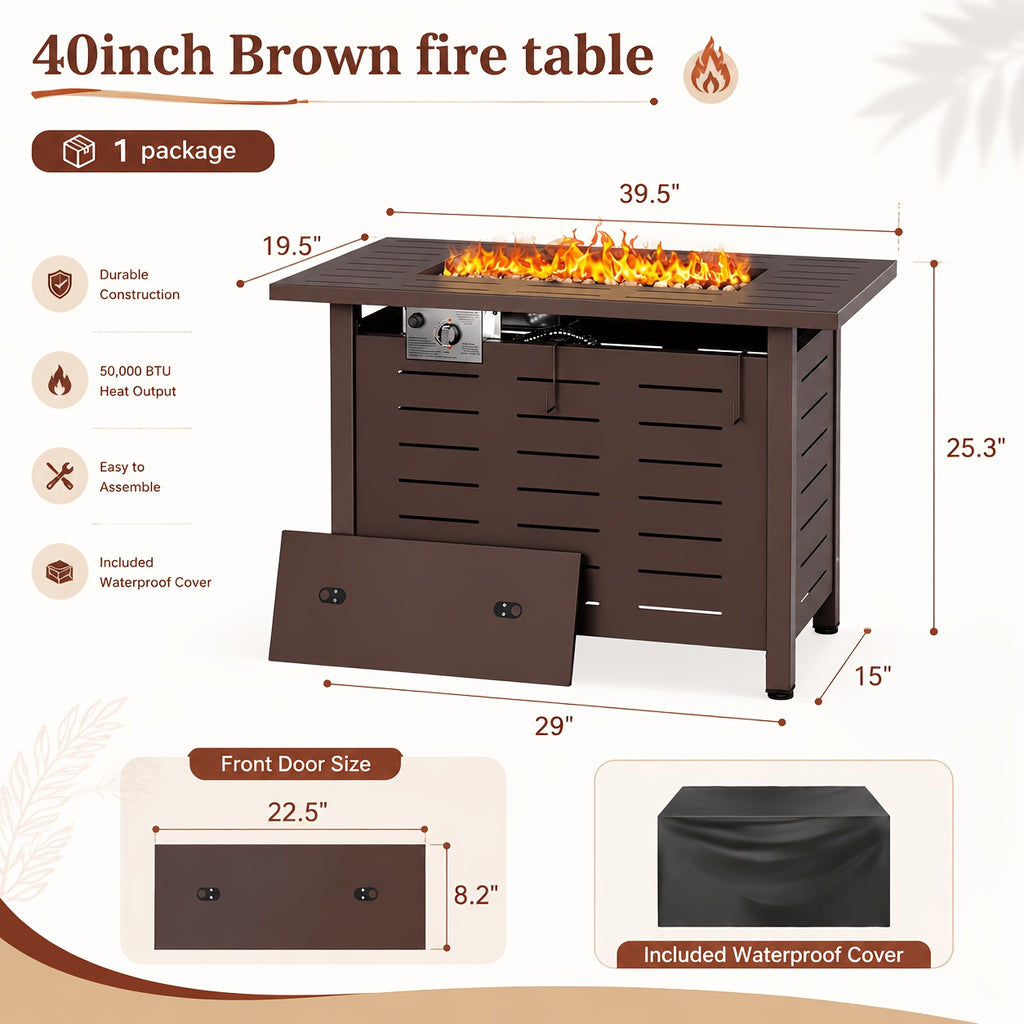 40"/44" Outdoor Propane Fire Pit Table - 50,000 BTU Gas Firepit with Ignition System, Powder-Coated Steel (Black/Brown) W/ Lid, Rocks & Waterproof Cover - Self- for Patio, Backyard, Deck - Propane Heater, BBQ Firewood-Free