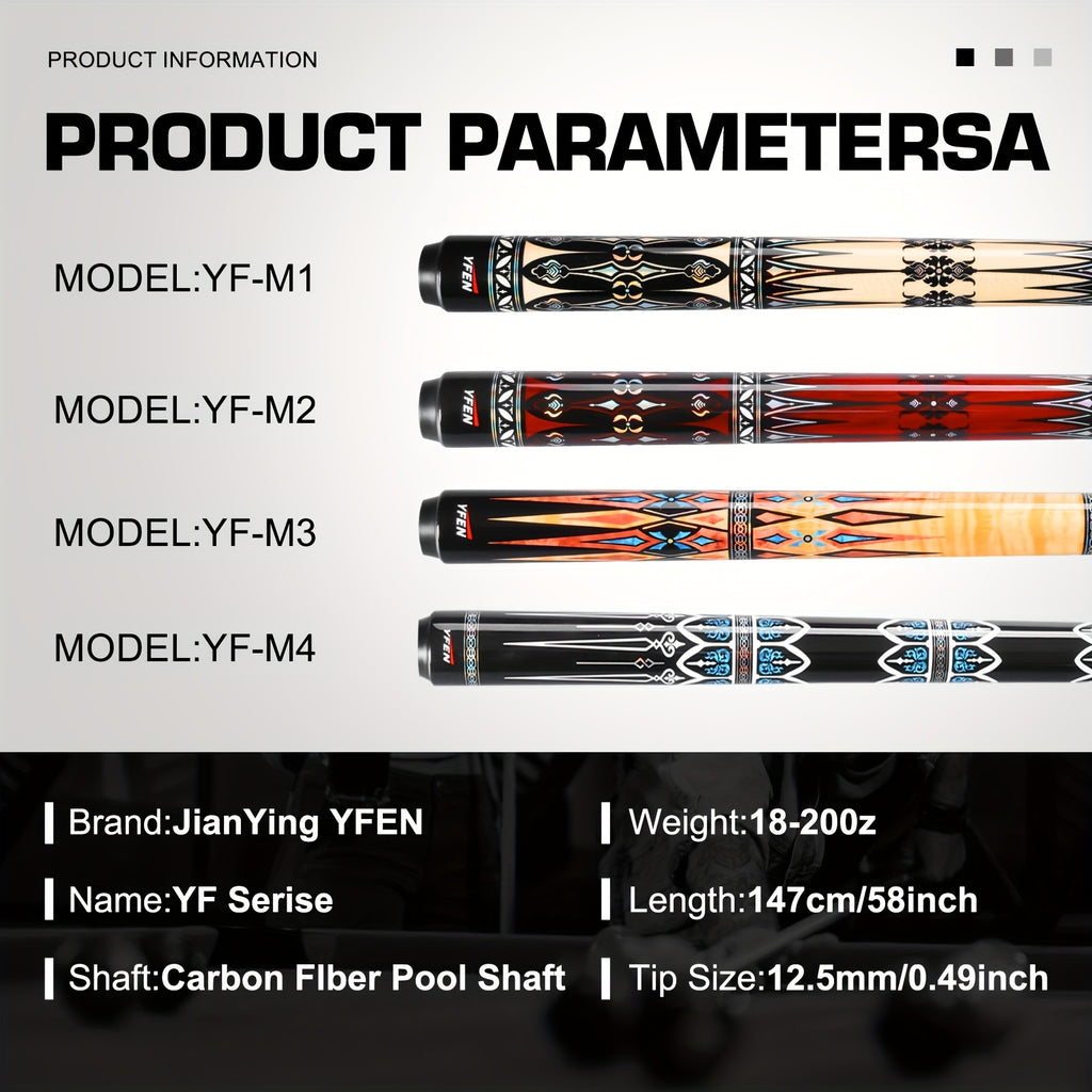 YFEN Carbon Fiber Pool Cue Stick - Professional Billiard Cue with Low Deflection 12.5mm Tip, Pro-Taper Shaft & Canadian Maple Butt, Cue for Competitive Play (//) - Extension Compatible Pool Cues for Pros &