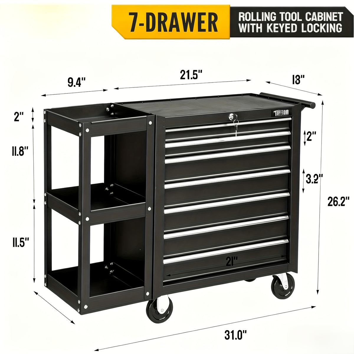 7-Drawer Rolling Tool Chest with Side Shelves, Tool Storage Side Cabinet w/ Lockable Wheels, Top Cushion & Drawer Liners, Tool Organizer Box for Garage, Warehouse & Repair Shop