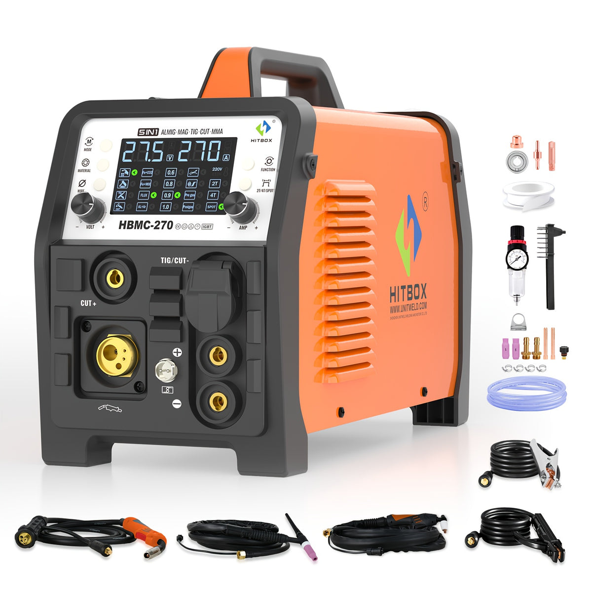 HITBOX 200A 6-In-1 Multi-Process Welder, Gasless MIG/ HF TIG/ Stick/ Plasma Cutter 40A/ Spot Welder, 110V 230V Dual Voltage Welding Machine with Synergy & Large LED Display, Ideal for Home & Auto Repair