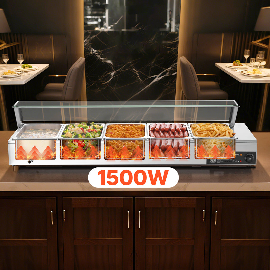 VEVOR Commercial Food Warmer, 1500W Electric Stainless Steel Steam Food Warmer with Glass Cover, Countertop Buffet Bain Marie with Three 1/2 Size / Five 1/2 Size Food Pans, for Catering, Restaurant, Party & Buffets