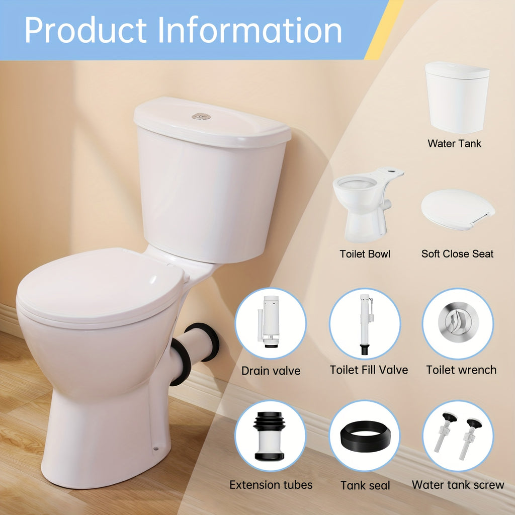 19'' High Rear Outle Toilet, Dual Flush 1/1.28 GPF, Round Rear Discharge with Soft Close Seat & Extension Pipe, Ideal for Seniors, Handicap & Tall Users