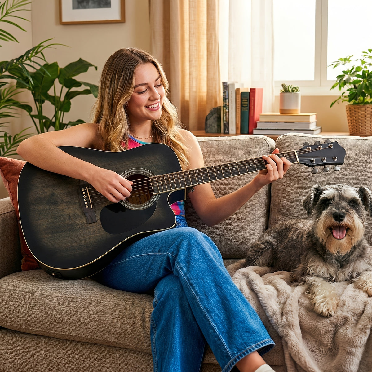 Bonnlo Electric Acoustic Guitar Kit, Full Size Acoustic Folk Guitar, 6-String, Cutaway Design, with AMP, Built-In Tuner, Bag, Strap, Picks, Complete Additions, ALL-IN-ONE Set for Beginner, Birthday/Festival Gift for Music Lovers