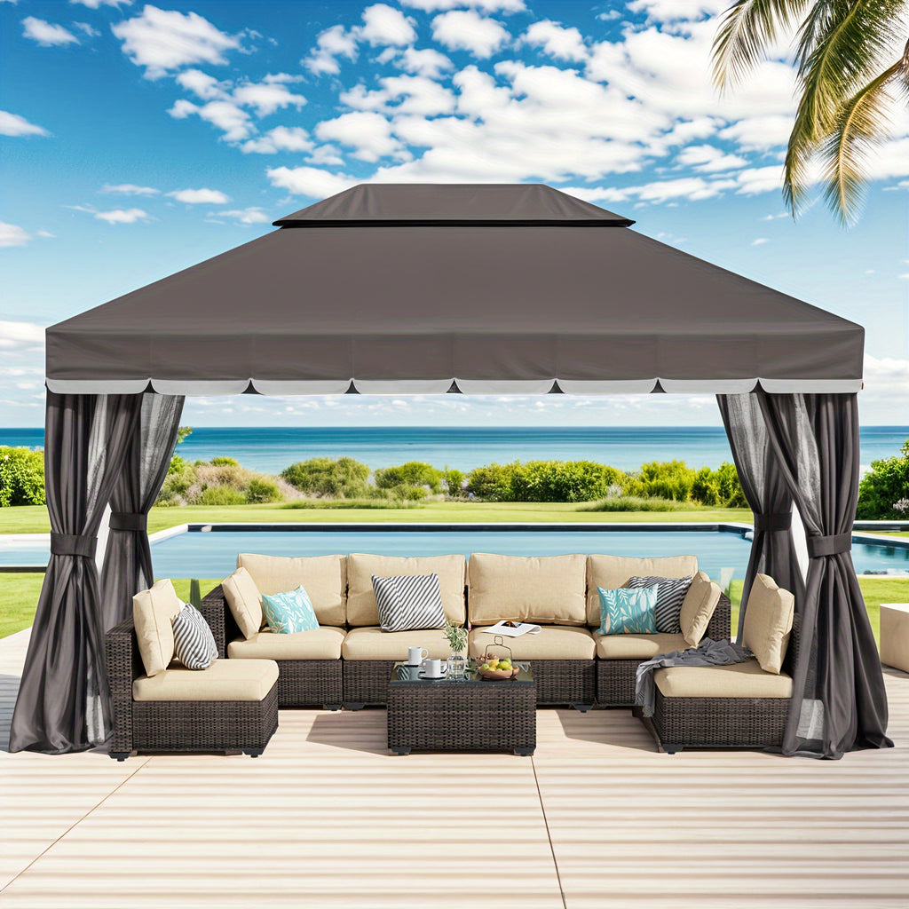 10'x13' Heavy-Duty Outdoor Patio Gazebo with Double Roof, Party Tent Suitable for Backyard, Deck, Garden - Assembly, Mosquito Netting & Curtains, Spacious Shelter for Parties, BBQs, Outdoor Events
