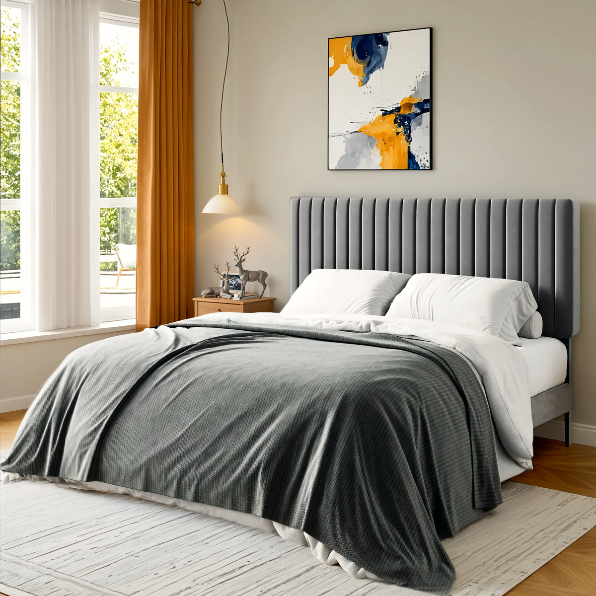 HOOMIC Velvet Upholstered Bed Frame with Adjustable Headboard, Contemporary Platform Bed Featuring Vertical Channel Tufting, Wooden Slats for Support, Optional Box Spring, Ideal for Home Bedroom Furniture, Free Shipping Available
