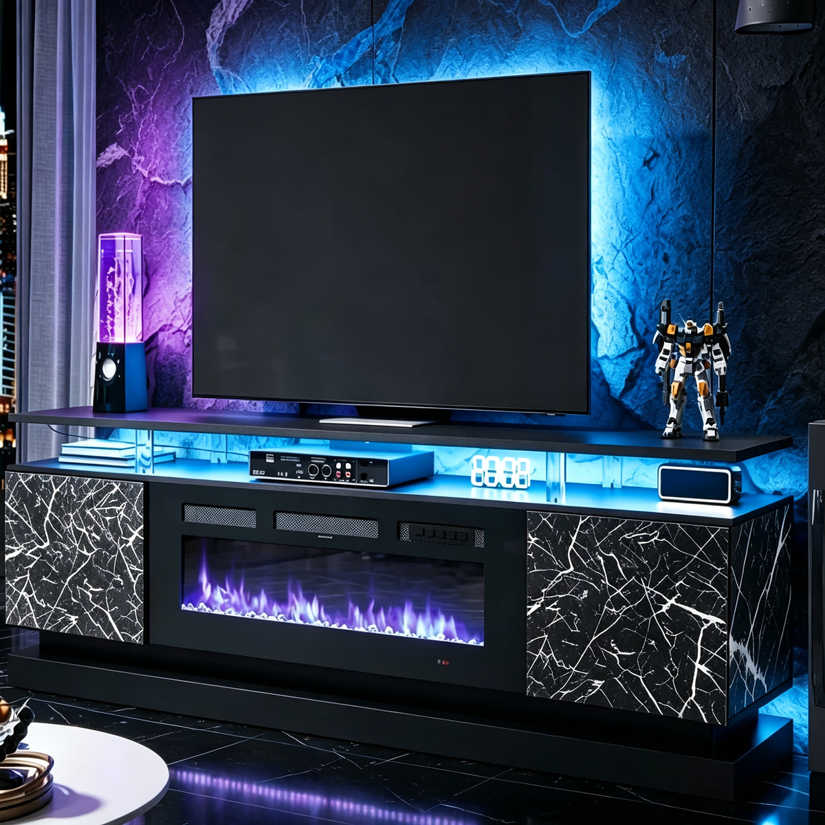 Fireplace Tv Stand with 36 Inch Fireplace, 70"/80" Modern Entertainment Center with LED Lights, Entertainment Center And Storage for Living Room