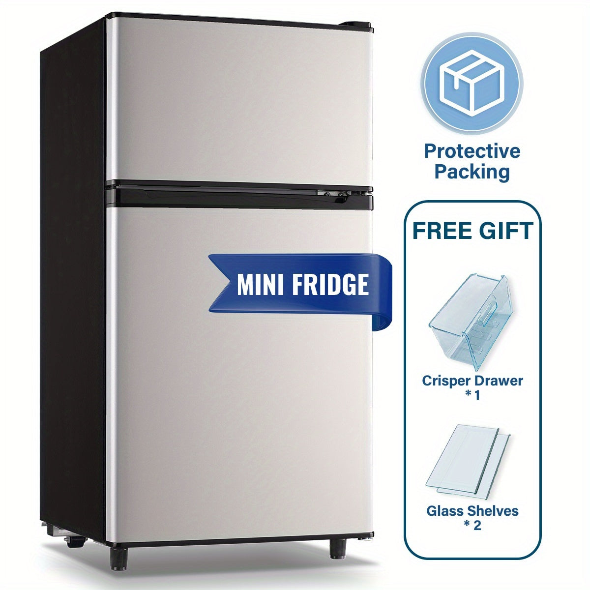 5.0/3.5/2.5 Cu.ft Small Fridge with Freezer 2-Door Compact Refrigerator 7-Level Adjustable Thermostat, Removable Shelves and Bakset, Perfect for Dorm, Office, RV, Bedroom, Silvery