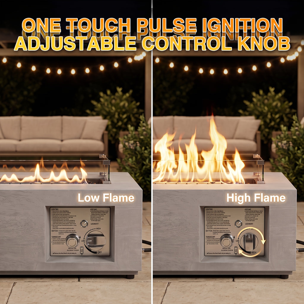 1pc 42 Inch Rectangular Propane Fire Pit Table 50, 000 BTU, Outdoor Gas Firepit With Lid, Blue Fire Glass & Glass Wind Guard, RGB/Warming Light, Includes Rain Cover For Patio, Backyard Deck (Black/Grey/Light Grey)