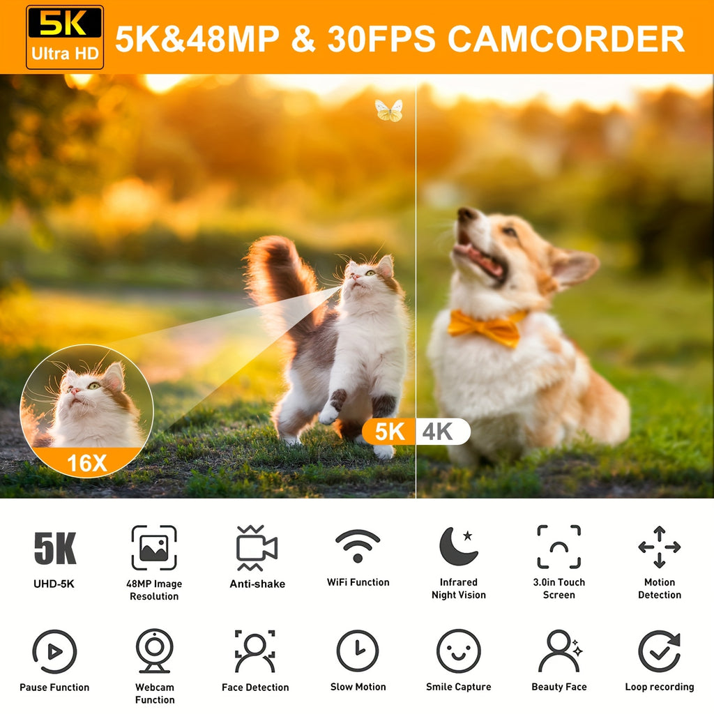 NEW 5K 30FPS Video Camera, 16x Digital Zoom 48MP UHD WiFi IR Night Vision Video Camera, 3.0 Inch 270 Degree Rotatable Touch Screen, 6-axis Stabilization Vlog Camera, Outdoor Essential Video Camera, Christmas Gift.