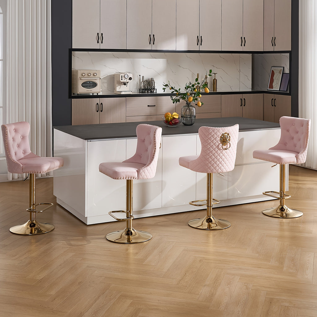 DMKAI Golden Lion Head Velvet Bar Stools Set Of 2, Luxury Diamond Tufted High Back, Adjustable Height 360° Swivel with Golden Base for Kitchen Island Home Bar