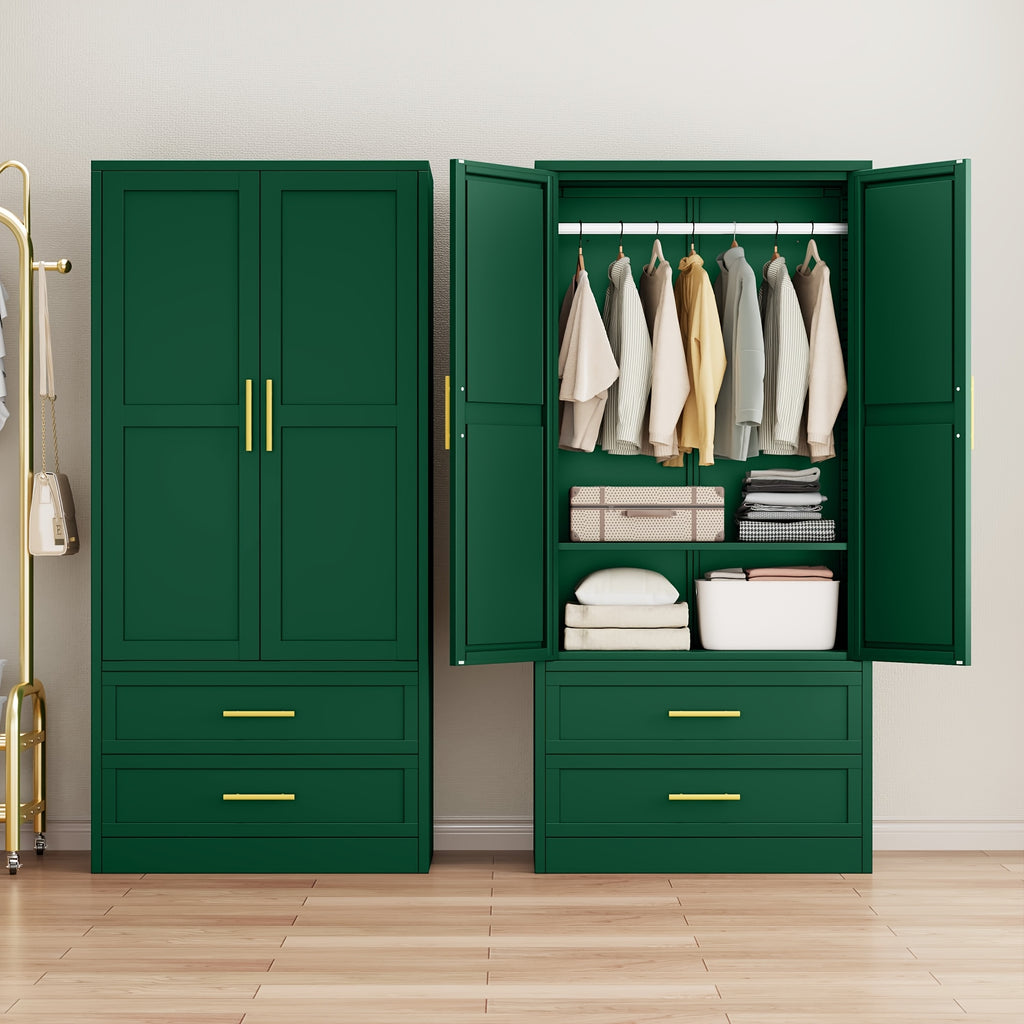 Mxa 71.39 "H metal storage cabinet with armrests, 2 drawers, adjustable shelves, clothesline, and home wardrobe