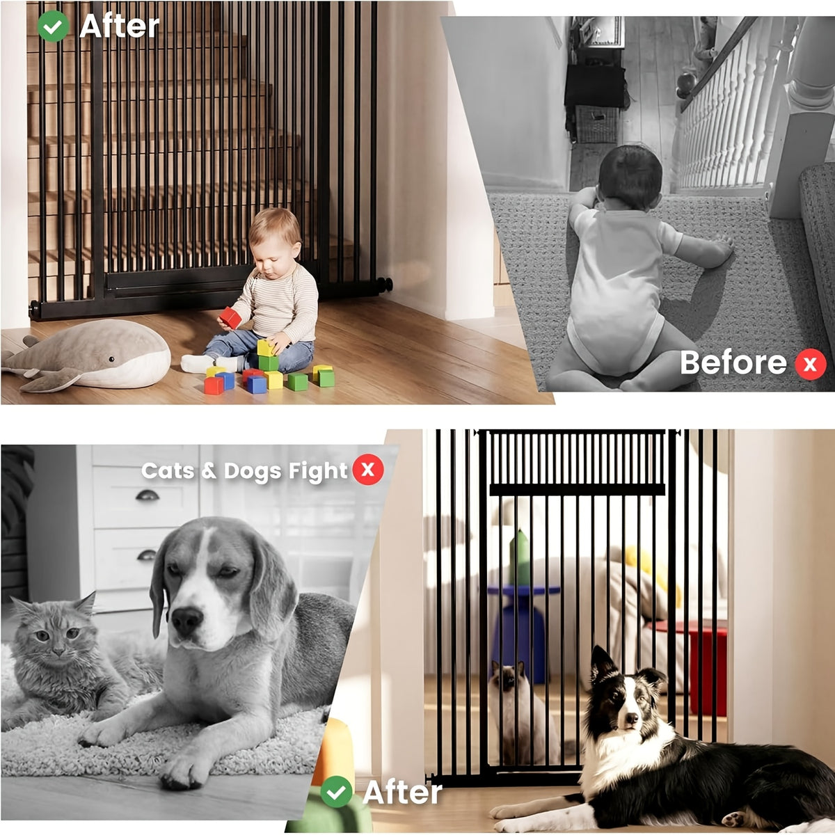 [Adjustable Height & Width] Dog Gate 49"-86" Adjustable Height, Extra Tall Cat Gate for Doorways/Hallways, 27.5"-37" Adjustable Width, Baby Gate with 4 Extensions Kits, No Drilling Pressured Mounted, Black And White