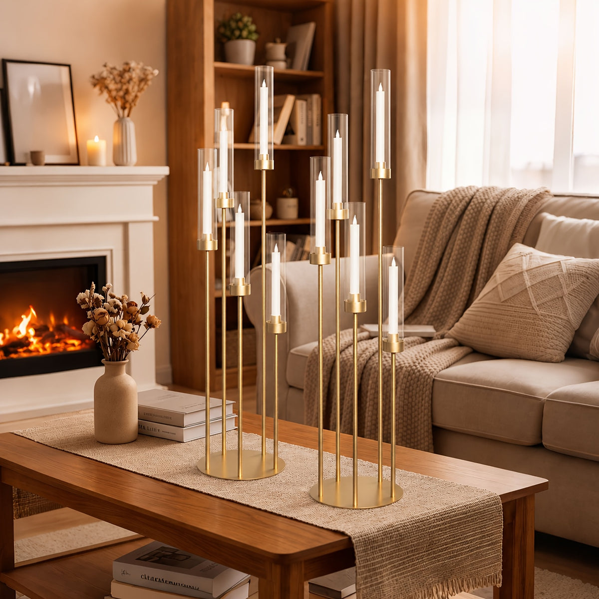 10 Sets Acrylic Candelabra Centerpieces 39.4" Tall Clear Candle Holders Pillar Taper Candlestick with Lampshades 5 Arm Floor Candelabra Stand for Wedding Christmas Ceremony Dinner Party Halloween Christmas