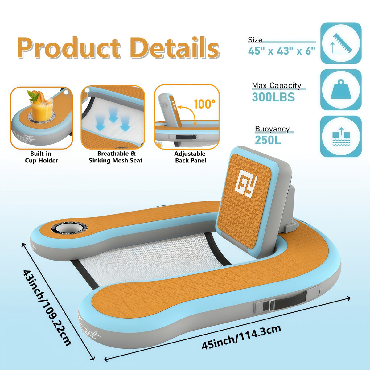 Adult Inflatable Pool Float Chair | 1 Built-In Cup Holder | 12Mm EVA Soft Foam | Mesh Seat Surface | Pool Lounger Float Bed | Floating Seat for Lakes, Pools, And Boats